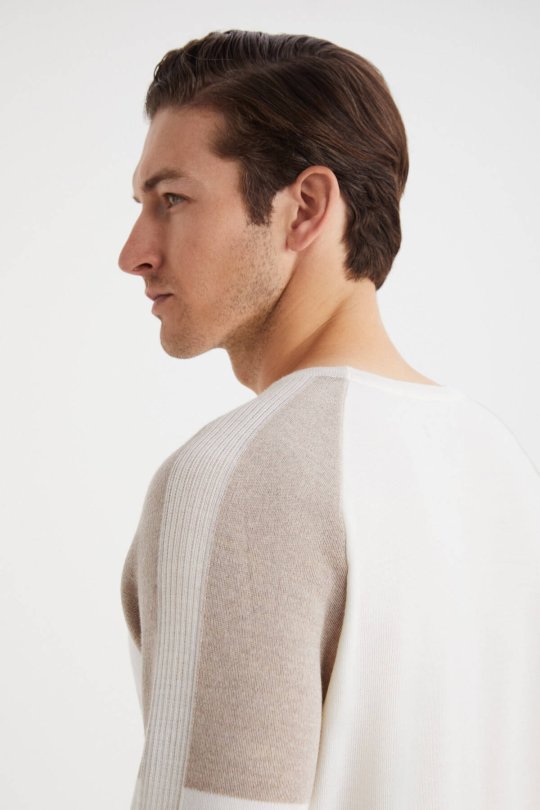 Bisiklet Yaka Merino Yün Desen Beyaz Camel Kazak