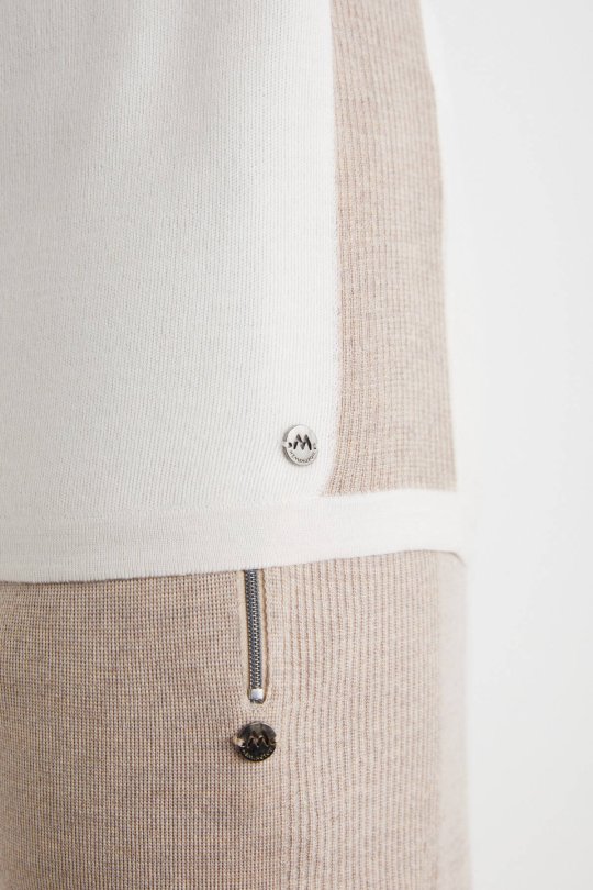 Bisiklet Yaka Merino Yün Desen Beyaz Camel Kazak