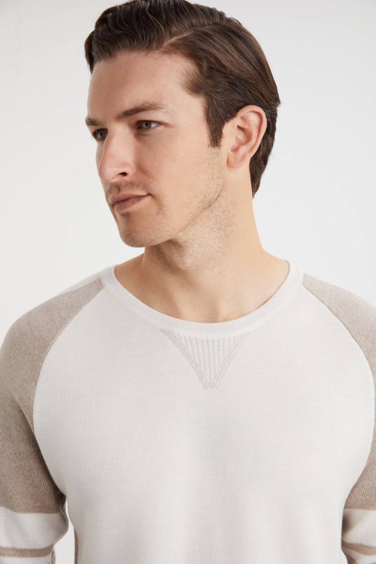 Bisiklet Yaka Merino Yün Desen Beyaz Camel Kazak