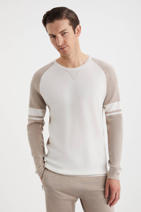 Bisiklet Yaka Merino Yün Desen Beyaz Camel Kazak