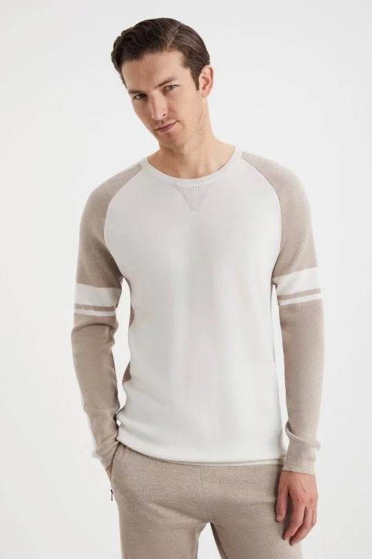Hemington - Bisiklet Yaka Merino Yün Desen Beyaz Camel Kazak (4)