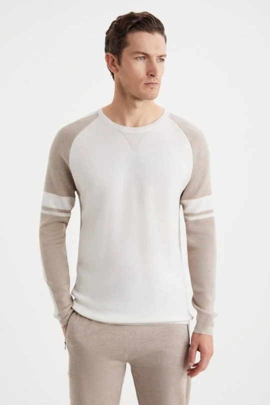 Hemington - Bisiklet Yaka Merino Yün Desen Beyaz Camel Kazak