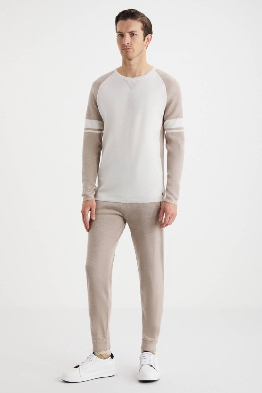 Bisiklet Yaka Merino Yün Desen Beyaz Camel Kazak