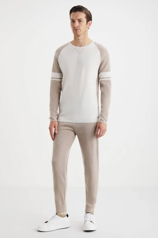 Hemington - Bisiklet Yaka Merino Yün Desen Beyaz Camel Kazak (1)