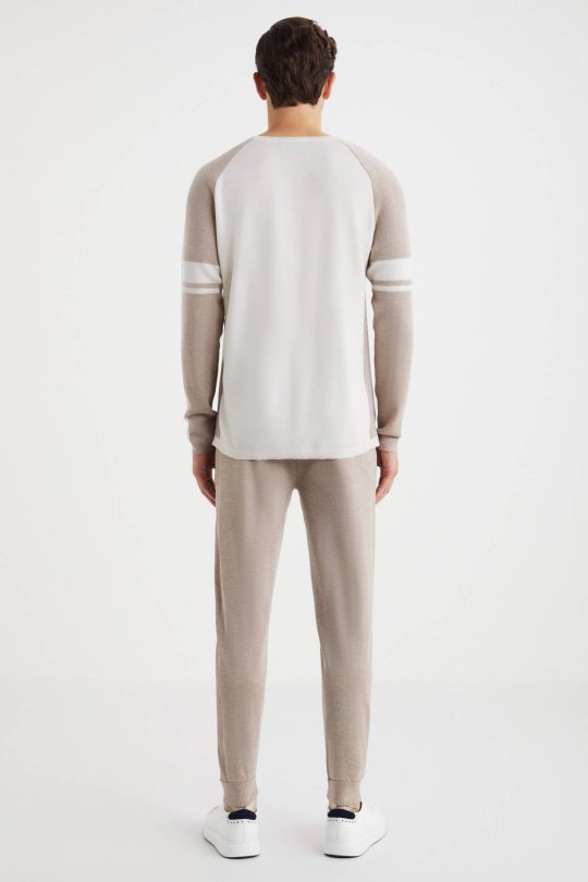 Bisiklet Yaka Merino Yün Desen Beyaz Camel Kazak