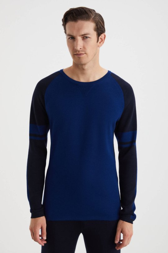 Bisiklet Yaka Merino Yün Desen Koyu Lacivert Kazak