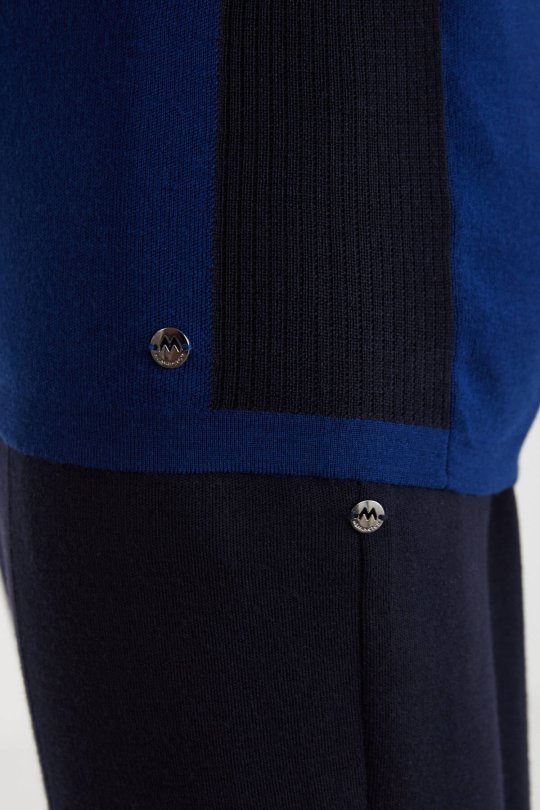 Bisiklet Yaka Merino Yün Desen Koyu Lacivert Kazak