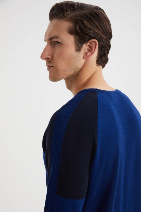 Bisiklet Yaka Merino Yün Desen Koyu Lacivert Kazak