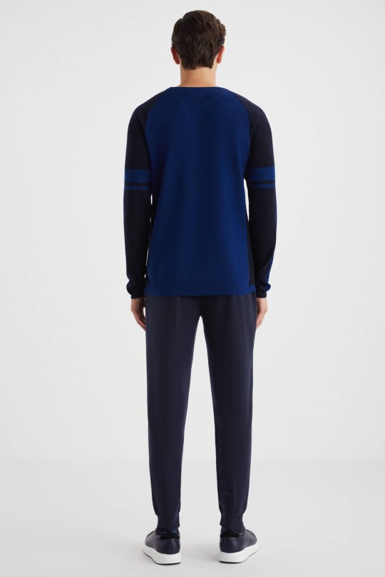 Bisiklet Yaka Merino Yün Desen Koyu Lacivert Kazak