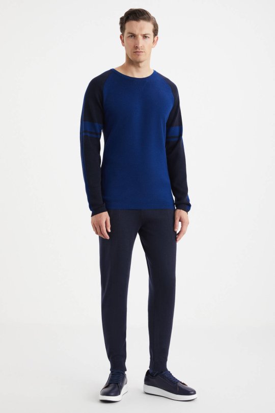 Bisiklet Yaka Merino Yün Desen Koyu Lacivert Kazak