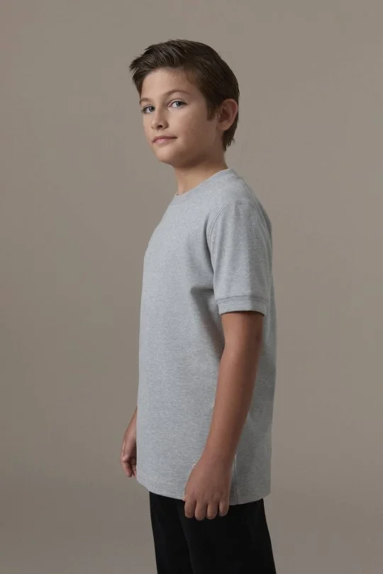 Bisiklet Yaka Rahat Resim Saf Pamuk Açık Gri Çocuk T-Shirt