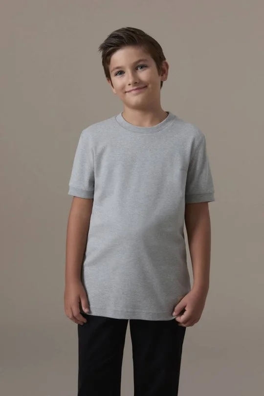 Bisiklet Yaka Rahat Resim Saf Pamuk Açık Gri Çocuk T-Shirt