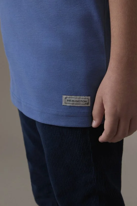 Bisiklet Yaka Rahat Resim Saf Pamuk Mavi Çocuk T-Shirt