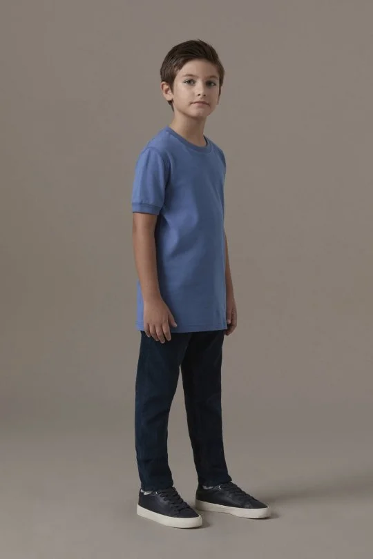 Bisiklet Yaka Rahat Resim Saf Pamuk Mavi Çocuk T-Shirt