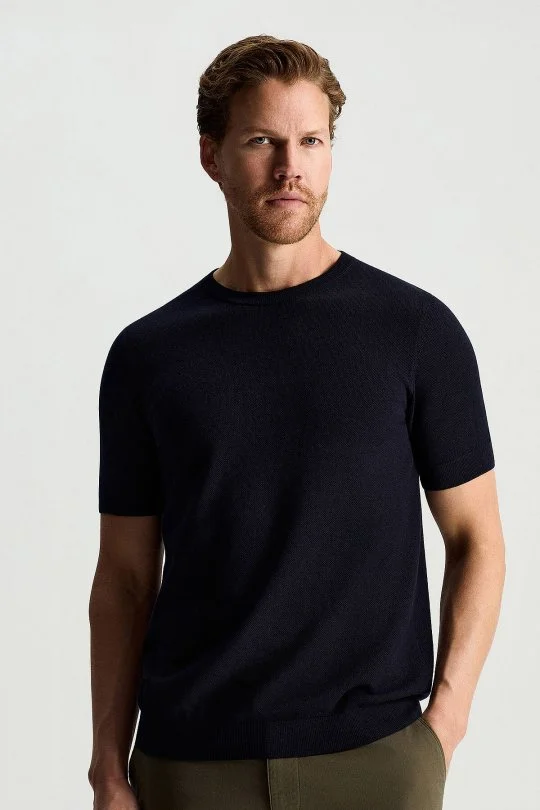 Bisiklet Yaka Saf Pamuk Lacivert Triko T-Shirt