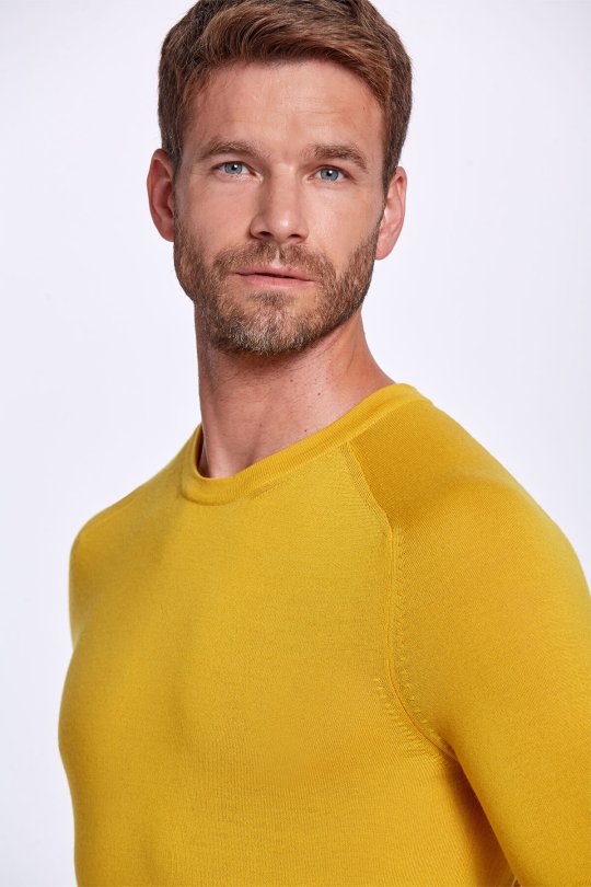 Bisiklet Yaka Slim Fit Merino Yün Sarı Triko