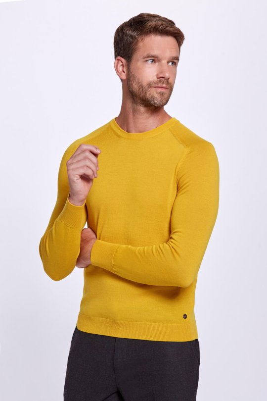 Bisiklet Yaka Slim Fit Merino Yün Sarı Triko