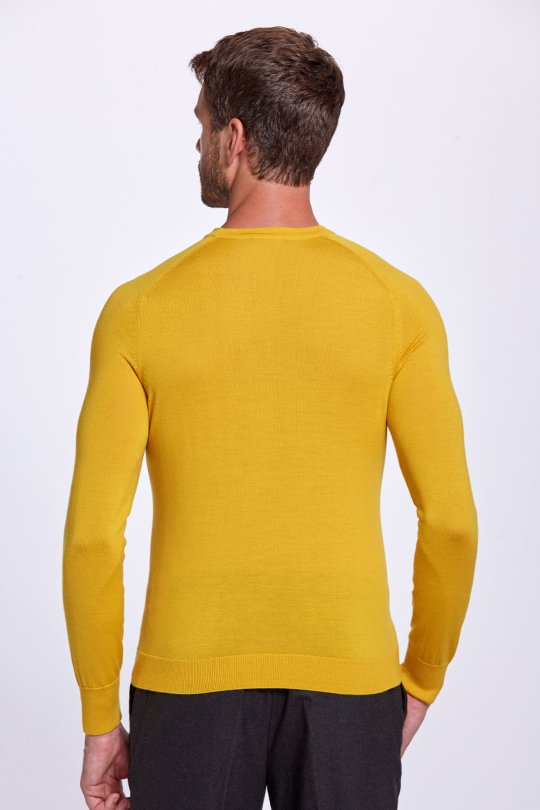 Bisiklet Yaka Slim Fit Merino Yün Sarı Triko