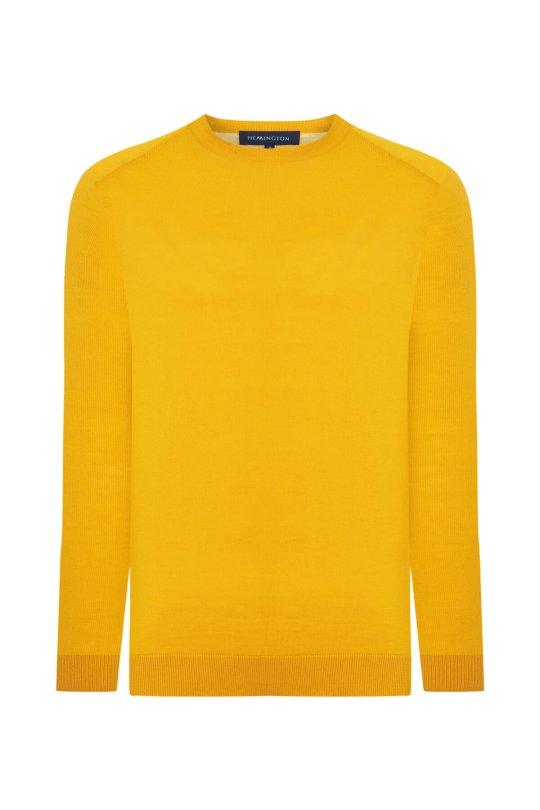 Bisiklet Yaka Slim Fit Merino Yün Sarı Triko