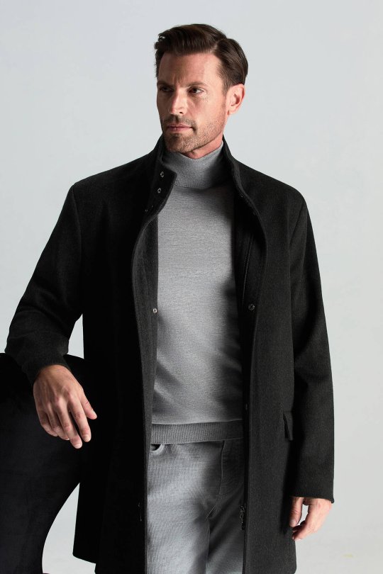 Açık Gri Boğazlı Slim Fit Merino Yün Triko