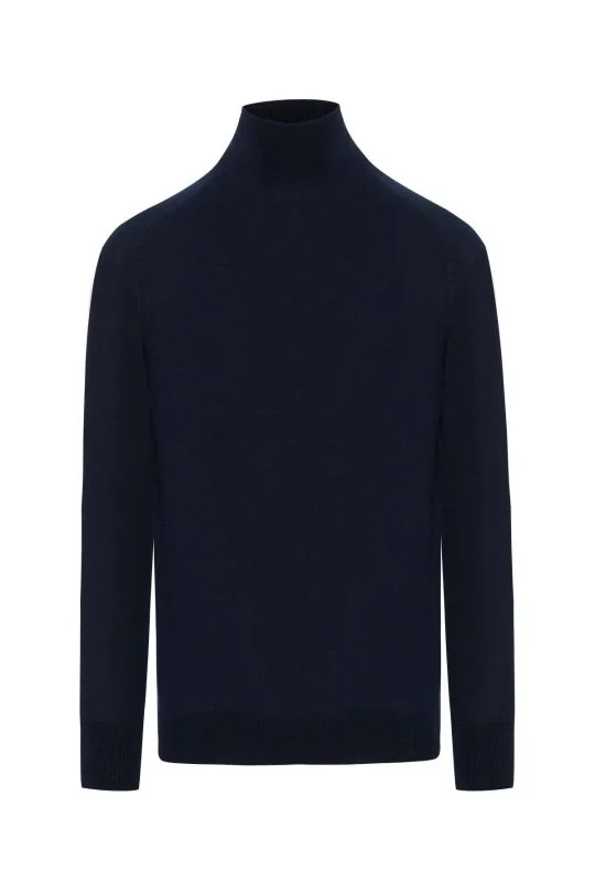 Boğazlı Slim Fit Merino Yün Lacivert Triko