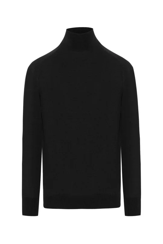 Boğazlı Slim Fit Merino Yün Siyah Triko