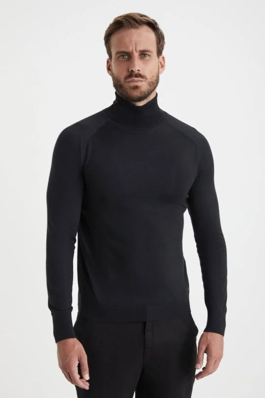 Hemington - Boğazlı Slim Fit Merino Yün Siyah Triko