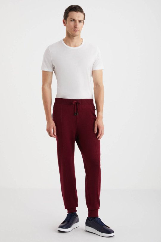 Bordo Merino Yün Activewear Triko Pantolon