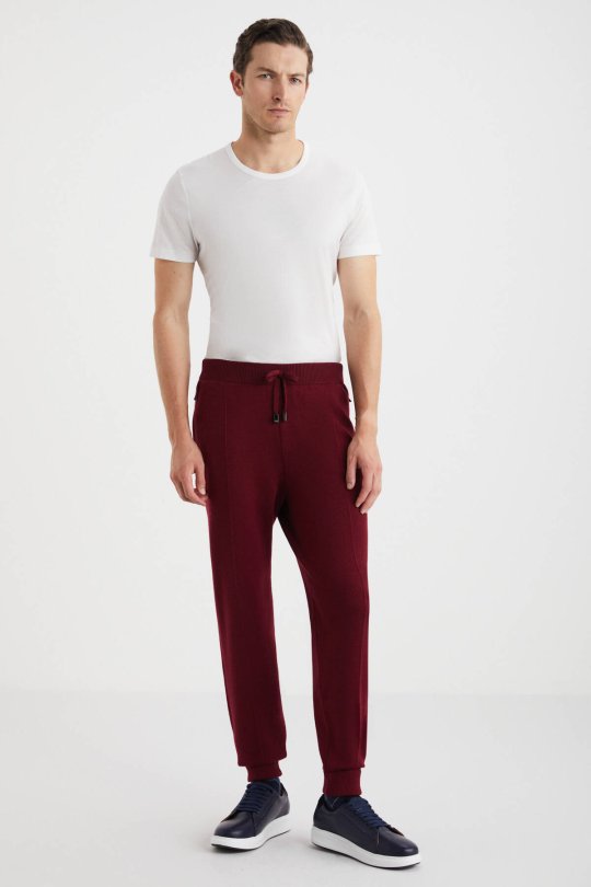 Bordo Merino Yün Activewear Triko Pantolon