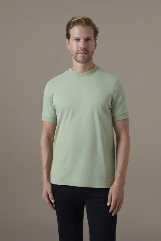 Brushed Pamuk Rahat Kesim Bisiklet Yaka Açık Yeşil T-Shirt