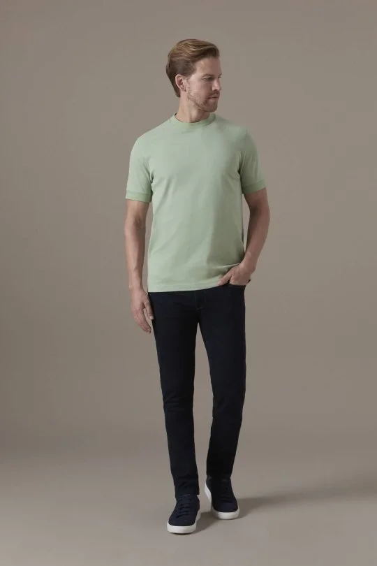 Brushed Pamuk Rahat Kesim Bisiklet Yaka Açık Yeşil T-Shirt