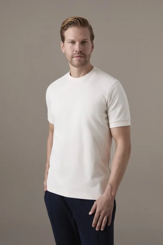 Brushed Pamuk Rahat Kesim Bisiklet Yaka Bej T-Shirt