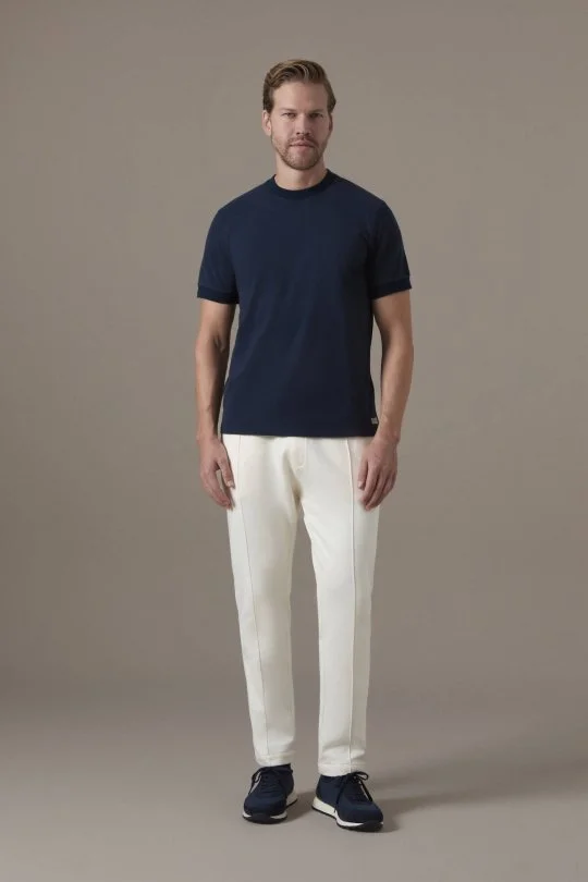 Brushed Pamuk Rahat Kesim Bisiklet Yaka Lacivert T-Shirt