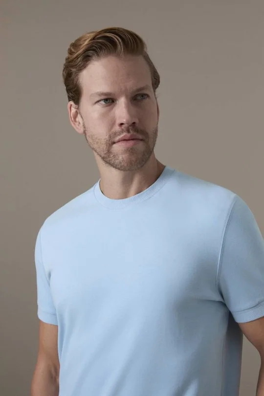 Brushed Pamuk Rahat Kesim Bisiklet Yaka Mavi T-Shirt