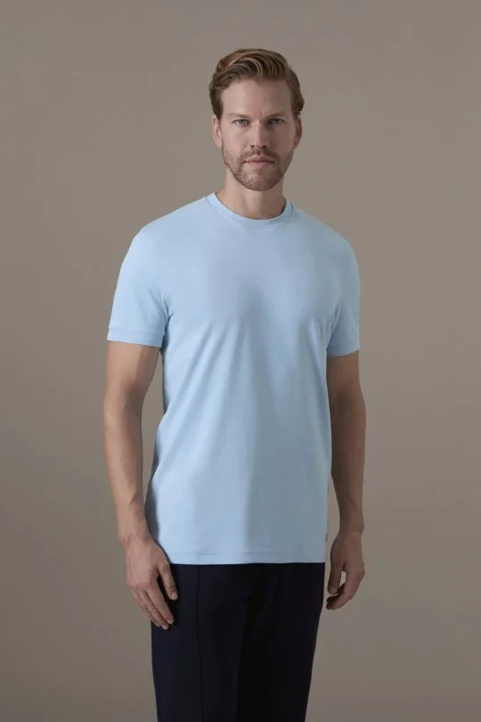 Brushed Pamuk Rahat Kesim Bisiklet Yaka Mavi T-Shirt
