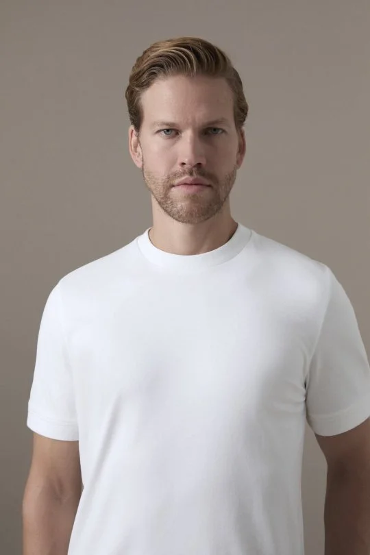 Brushed Pamuk Rahat Kesim Bisiklet Yaka Beyaz T-Shirt