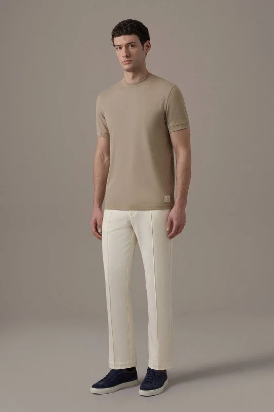 Brushed Pamuk Rahat Kesim Bisiklet Yaka Vizon Rengi T-Shirt