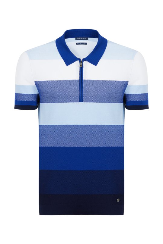 Lacivert Çizgili Fermuarlı Yaka Merserize Pamuk Triko Polo