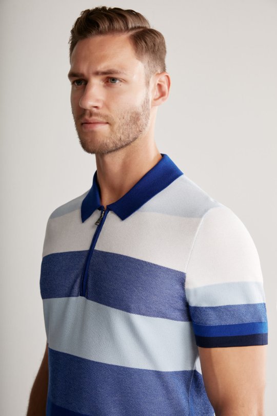 Lacivert Çizgili Fermuarlı Yaka Merserize Pamuk Triko Polo
