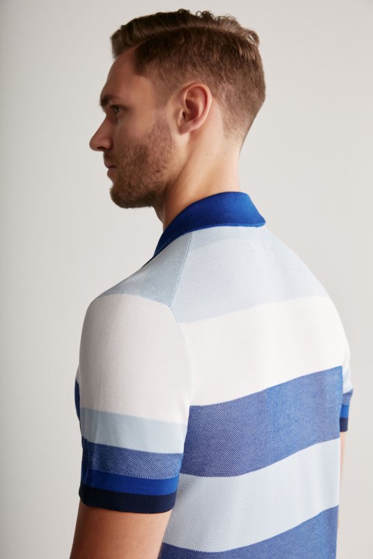 Lacivert Çizgili Fermuarlı Yaka Merserize Pamuk Triko Polo