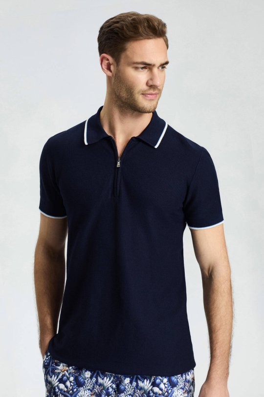 Fermuar Detaylı Lacivert Merserize Pamuk Triko Polo