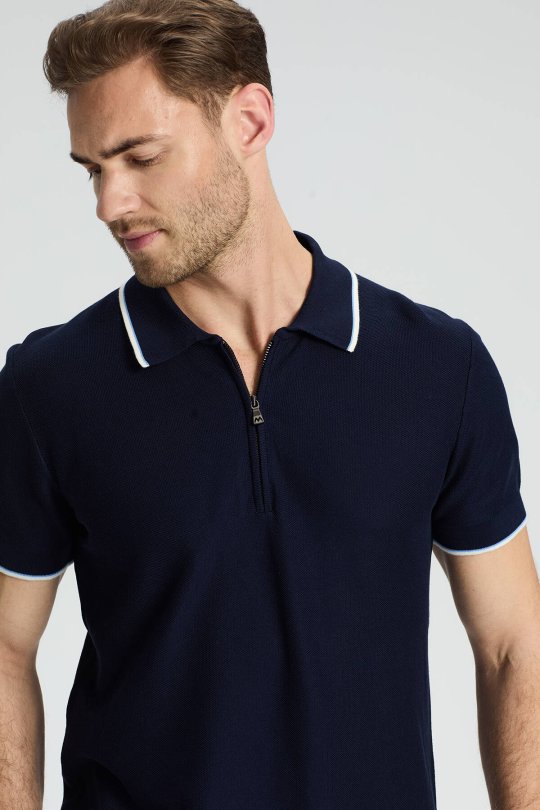 Fermuar Detaylı Lacivert Merserize Pamuk Triko Polo