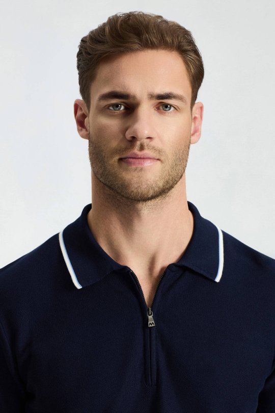 Fermuar Detaylı Lacivert Merserize Pamuk Triko Polo