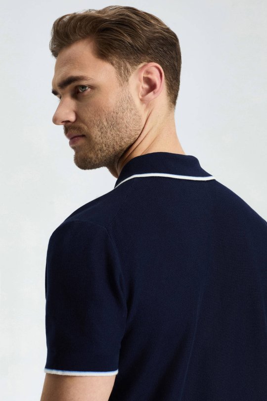 Fermuar Detaylı Lacivert Merserize Pamuk Triko Polo