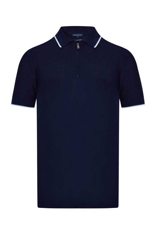 Fermuar Detaylı Lacivert Merserize Pamuk Triko Polo