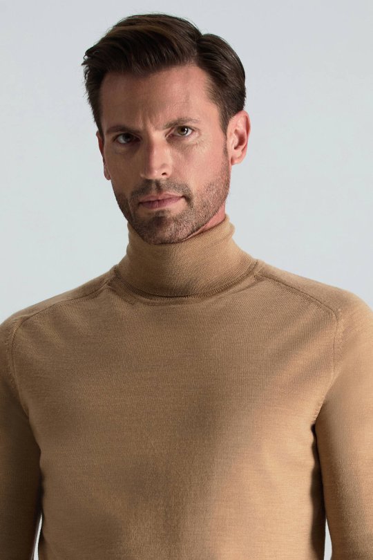 Camel Boğazlı Slim Fit Merino Yün Triko