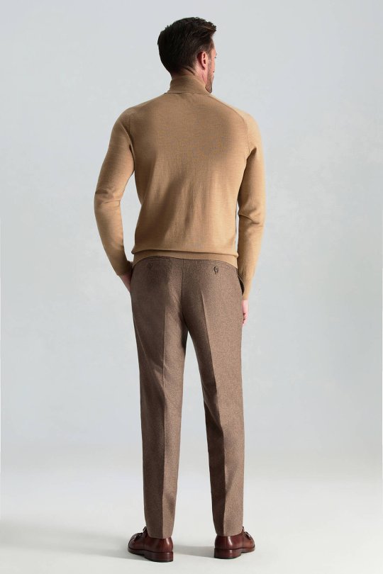 Camel Boğazlı Slim Fit Merino Yün Triko