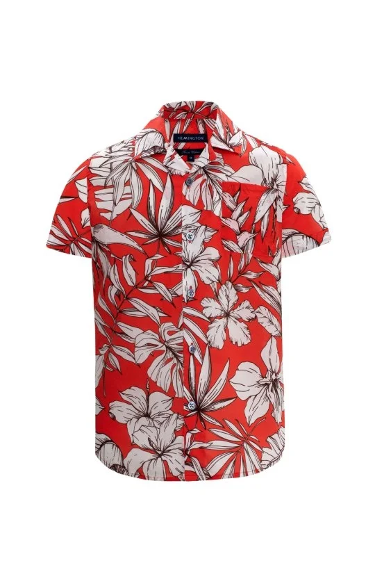 Hemington - Çiçek Desen Keten Pamuk Karışım Kırmızı Çocuk Gömlek (6)