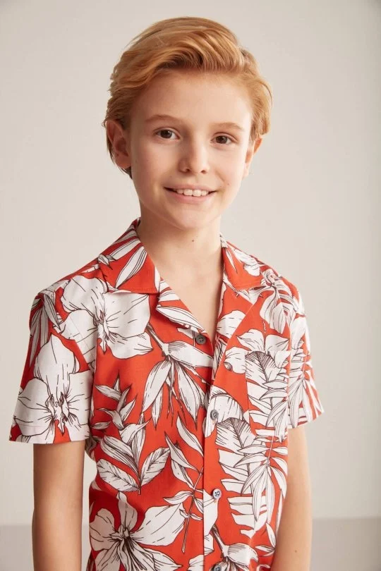 Hemington - Çiçek Desen Keten Pamuk Karışım Kırmızı Çocuk Gömlek (1)