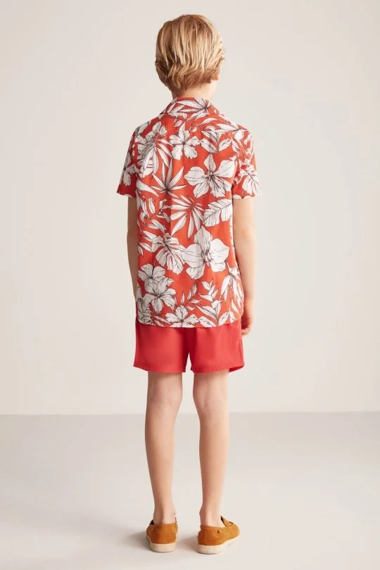 Hemington - Çiçek Desen Keten Pamuk Karışım Kırmızı Çocuk Gömlek (4)